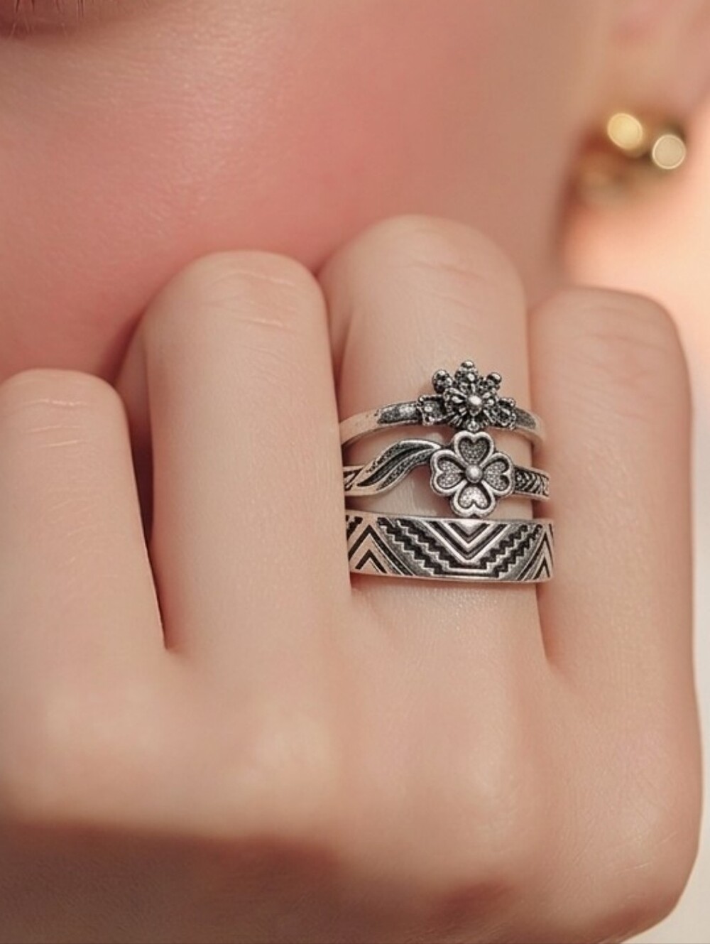 3pc Silver Turtle Ring Set Stackable Floral Boho Adjustable Stacking Midi Rings